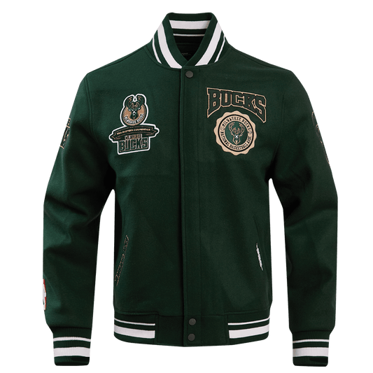 NBA MILWAUKEE BUCKS CREST EMBLEM RIB WOOL VARSITY JACKET - Vox Leather