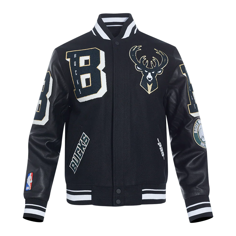 NBA Milwaukee Bucks Mashup Men's Rib Wool Varsity Jacket - Rare Leather