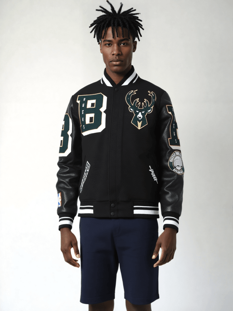 NBA Milwaukee Bucks Mashup Men's Rib Wool Varsity Jacket - Vox Leather