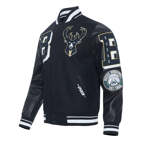 NBA Milwaukee Bucks Mashup Men's Rib Wool Varsity Jacket - Vox Leather