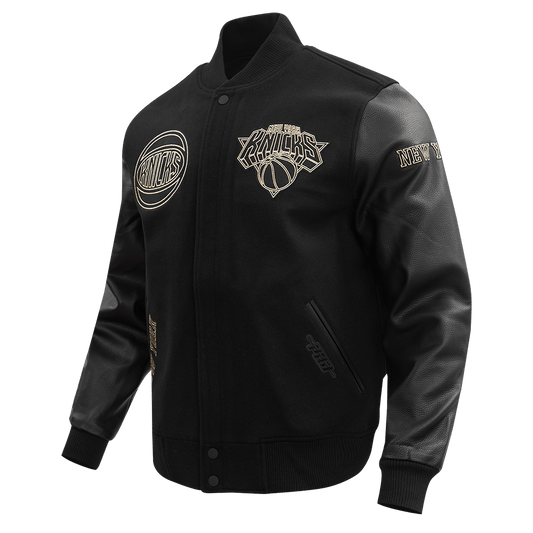 NBA NEW YORK KNICKS BLACK & GOLD WOOL VARSITY JACKET - Rare Leather