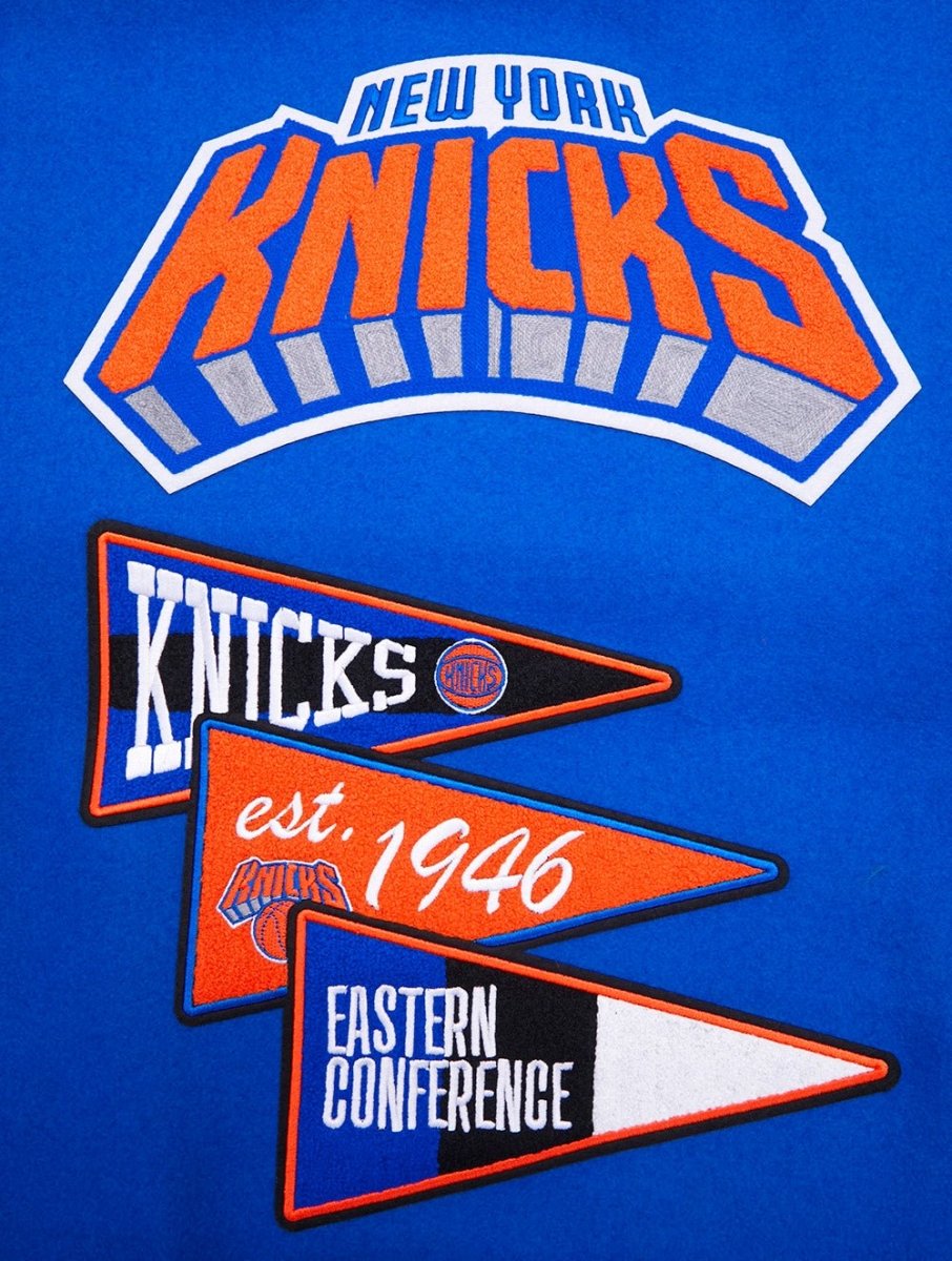 NBA NEW YORK KNICKS TEAM PENNANTS RIB WOOL VARSITY JACKET - Vox Leather
