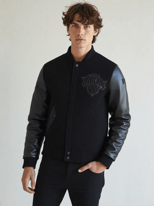 NBA New York Knicks Triple Black Men's Varsity Jacket - Vox Leather