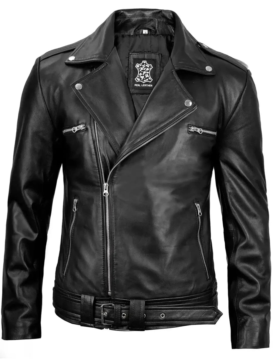 Negan Men's Black Asymmetrical Biker Leather Jacket - Vox Leather