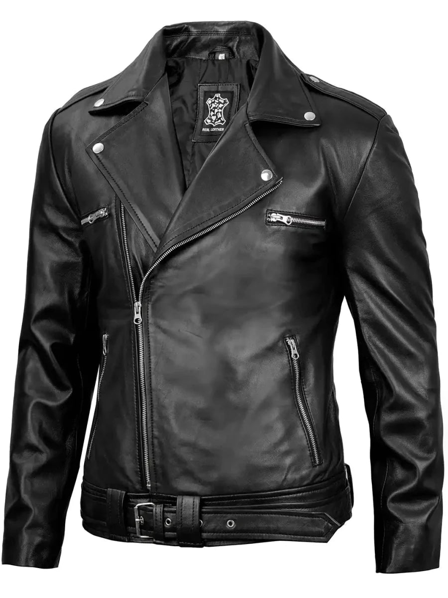 Negan Men's Black Asymmetrical Biker Leather Jacket - Vox Leather