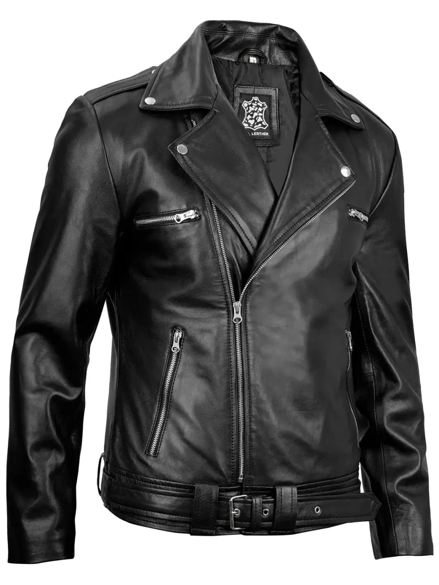 Negan Men's Black Asymmetrical Biker Leather Jacket - Vox Leather