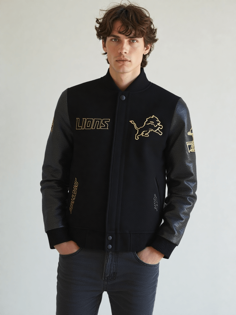 NFL Detroit Lions Black & Gold Men's Wool Varsity Jacket - Rare Leather