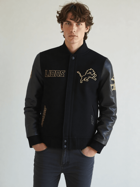 NFL Detroit Lions Black & Gold Men's Wool Varsity Jacket - Rare Leather