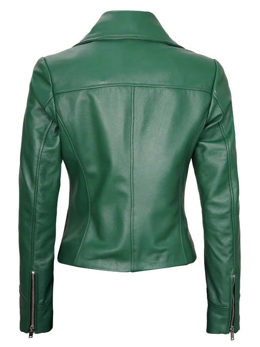 Ninfa Women's Asymmetrical Biker Green Leather Jacket - Rare Leather