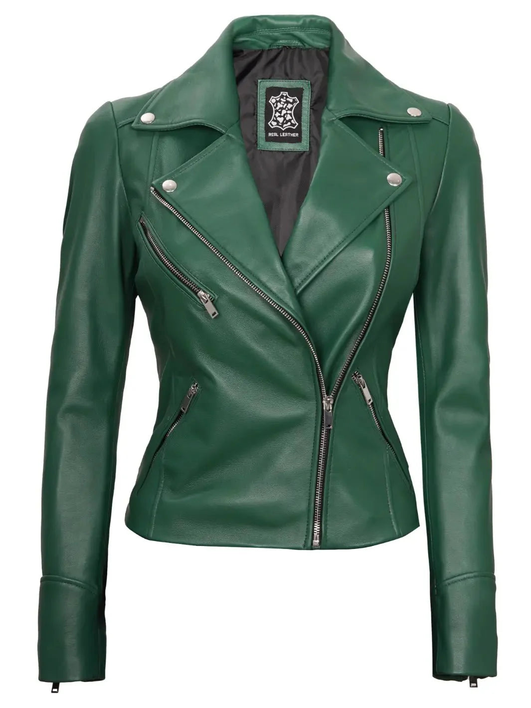 Ninfa Women's Asymmetrical Biker Green Leather Jacket - Rare Leather