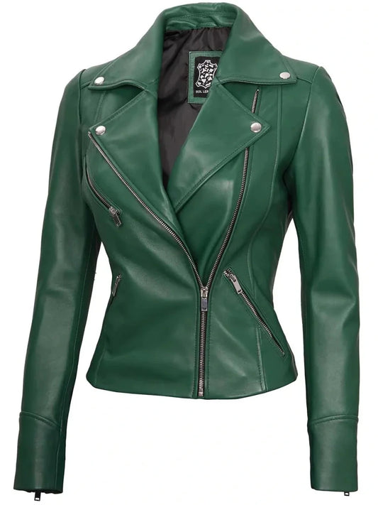 Ninfa Women's Asymmetrical Biker Green Leather Jacket - Vox Leather