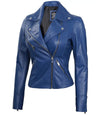 Ninfa Women's Blue Asymmetrical Biker Leather Jacket - Rare Leather