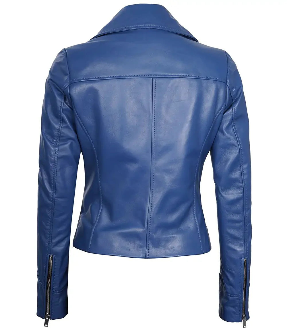 Ninfa Women's Blue Asymmetrical Biker Leather Jacket - Rare Leather