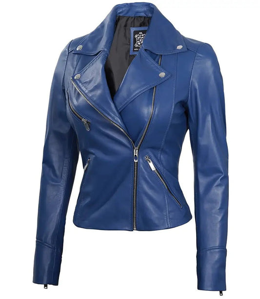Ninfa Women's Blue Asymmetrical Biker Leather Jacket - Vox Leather