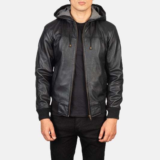 Nintenzo Black Hooded Leather Bomber Jacket - Rare Leather