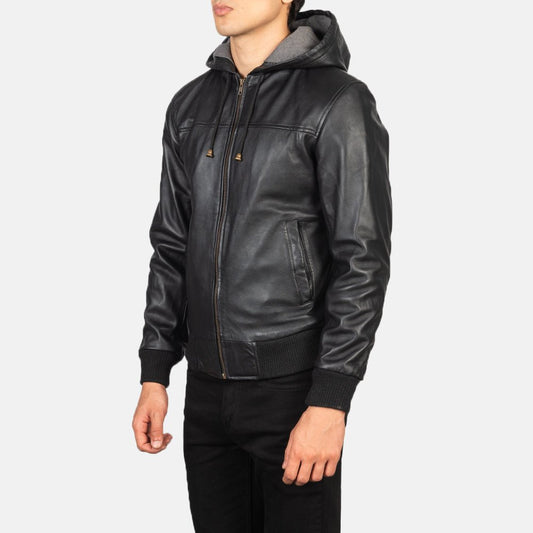 Nintenzo Black Hooded Leather Bomber Jacket - Rare Leather