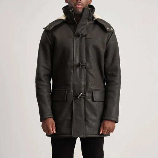 Nolan Tumbled Brown Leather Duffle Coat - Vox Leather