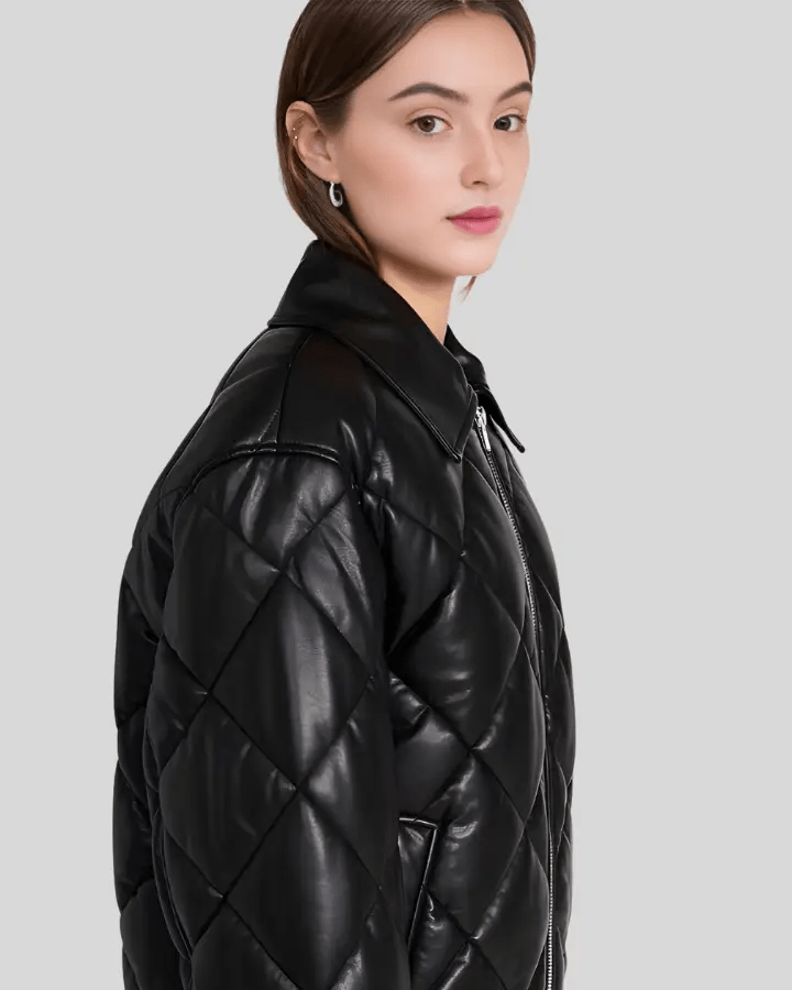 Nordic Luxe Quilted Black Bomber Leather Jacket with Shearling Collar - Rare Leather