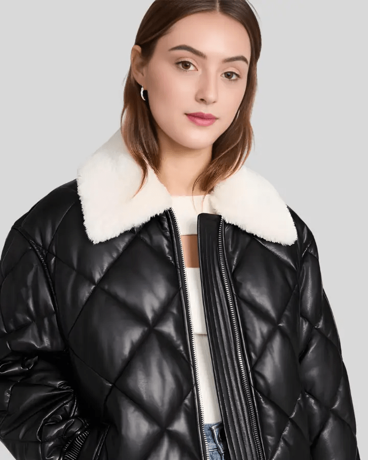 Nordic Luxe Quilted Black Bomber Leather Jacket with Shearling Collar - Rare Leather