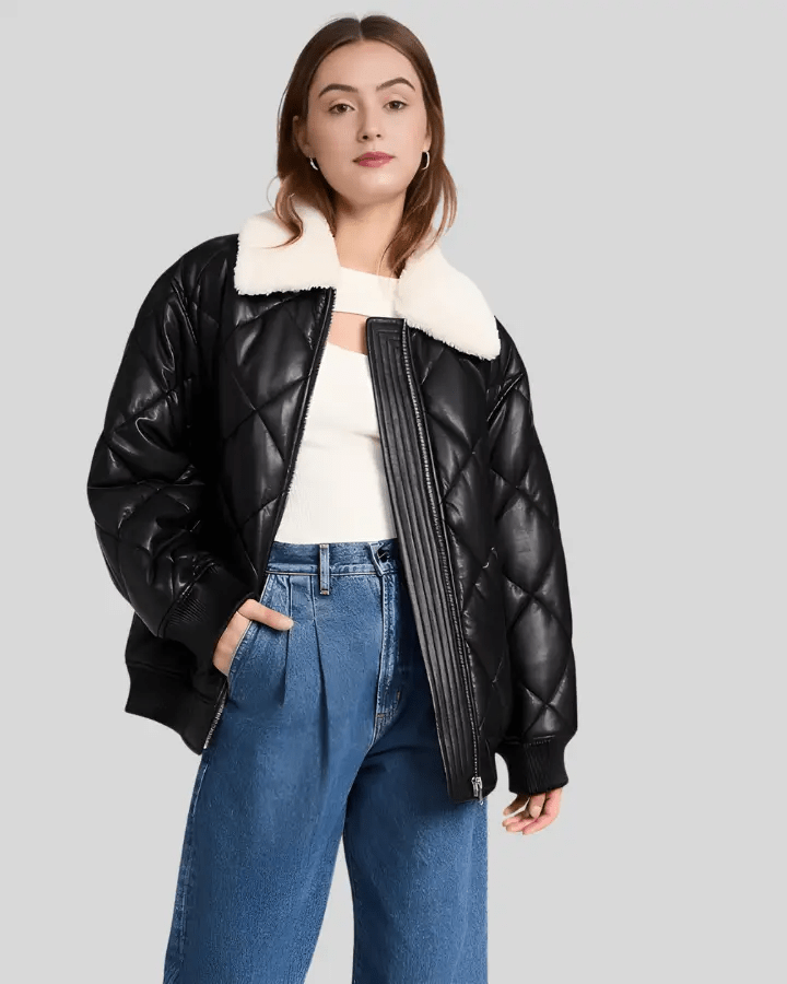 Nordic Luxe Quilted Black Bomber Leather Jacket with Shearling Collar - Rare Leather