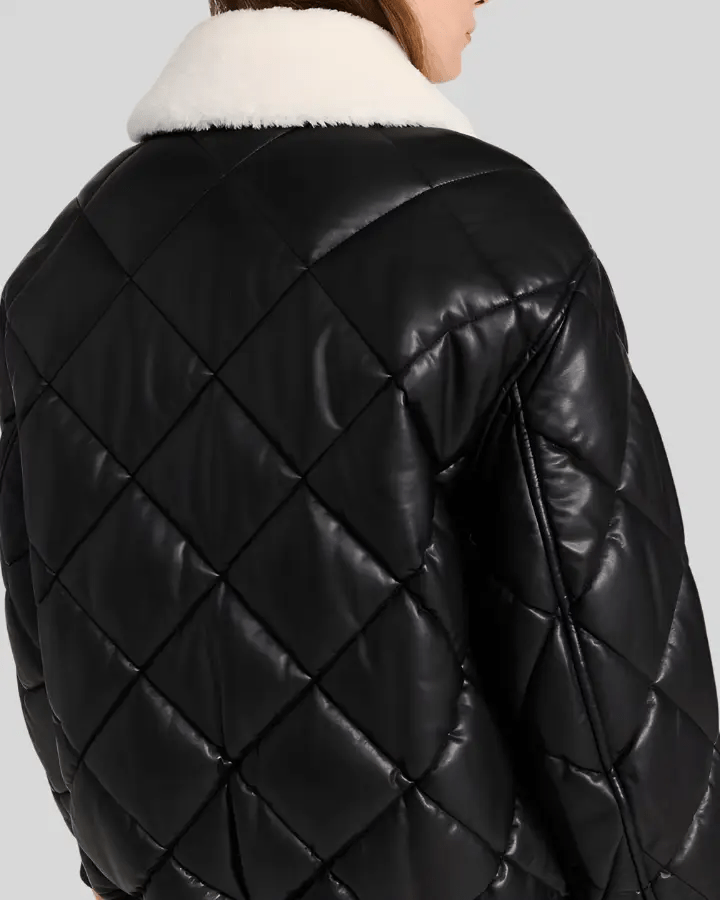 Nordic Luxe Quilted Black Bomber Leather Jacket with Shearling Collar - Rare Leather