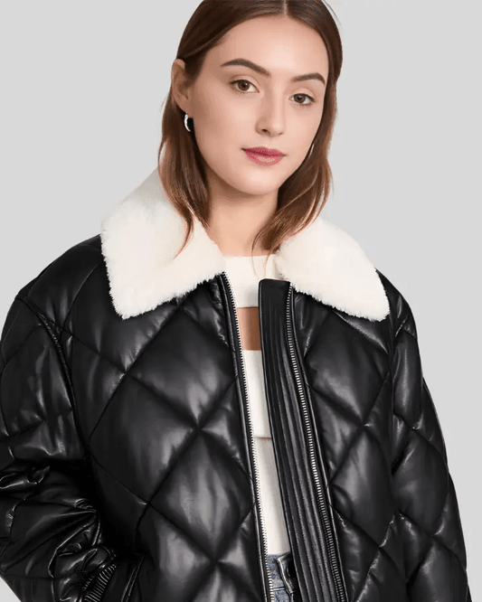 Nordic Luxe Quilted Black Bomber Leather Jacket with Shearling Collar - Vox Leather