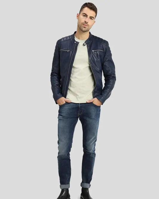 Olin Blue Biker Leather Jacket - Rare Leather