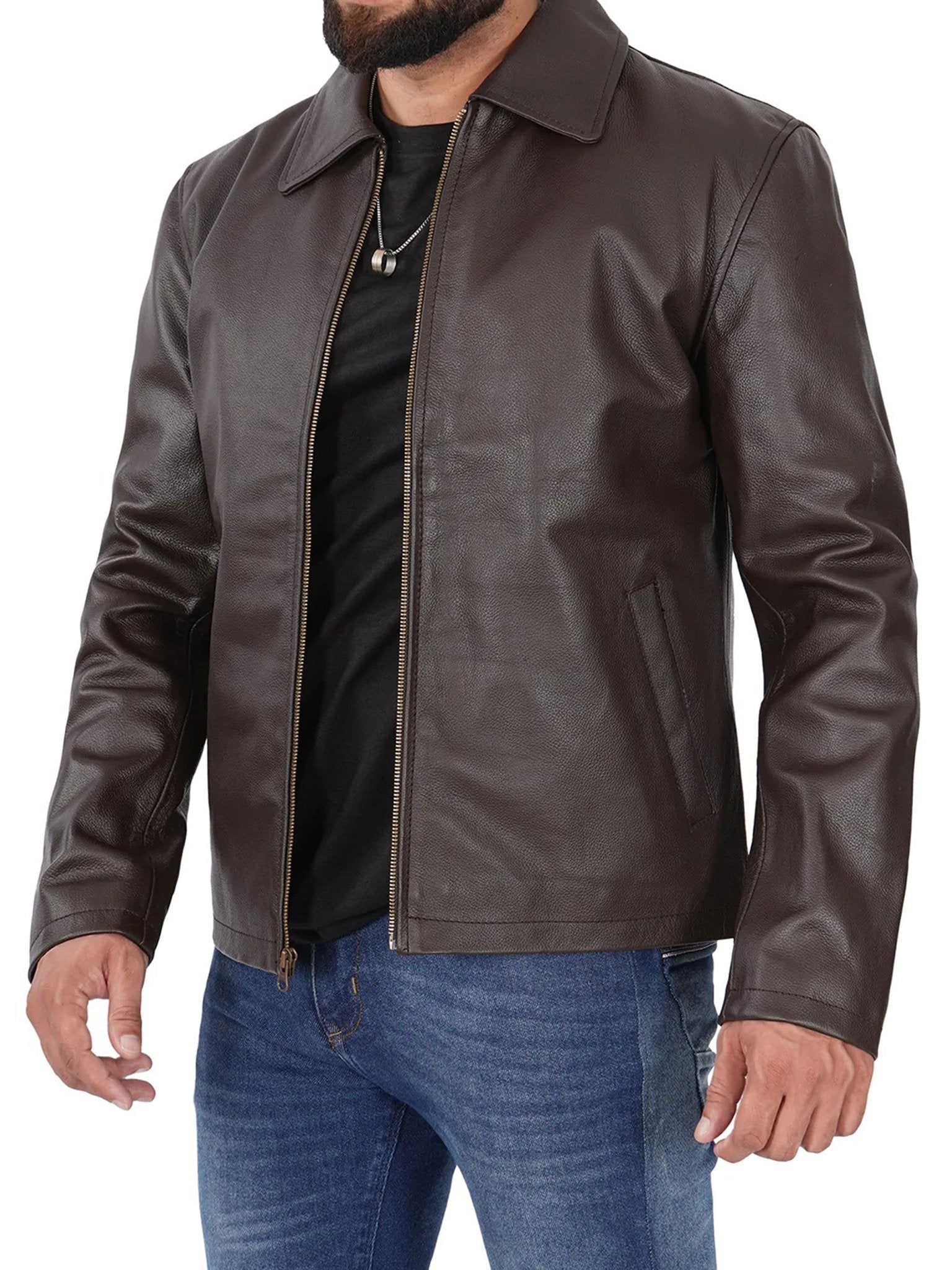 Parrish Dark Brown Shirt Collar Cowhide Mens Leather Jacket - Rare Leather