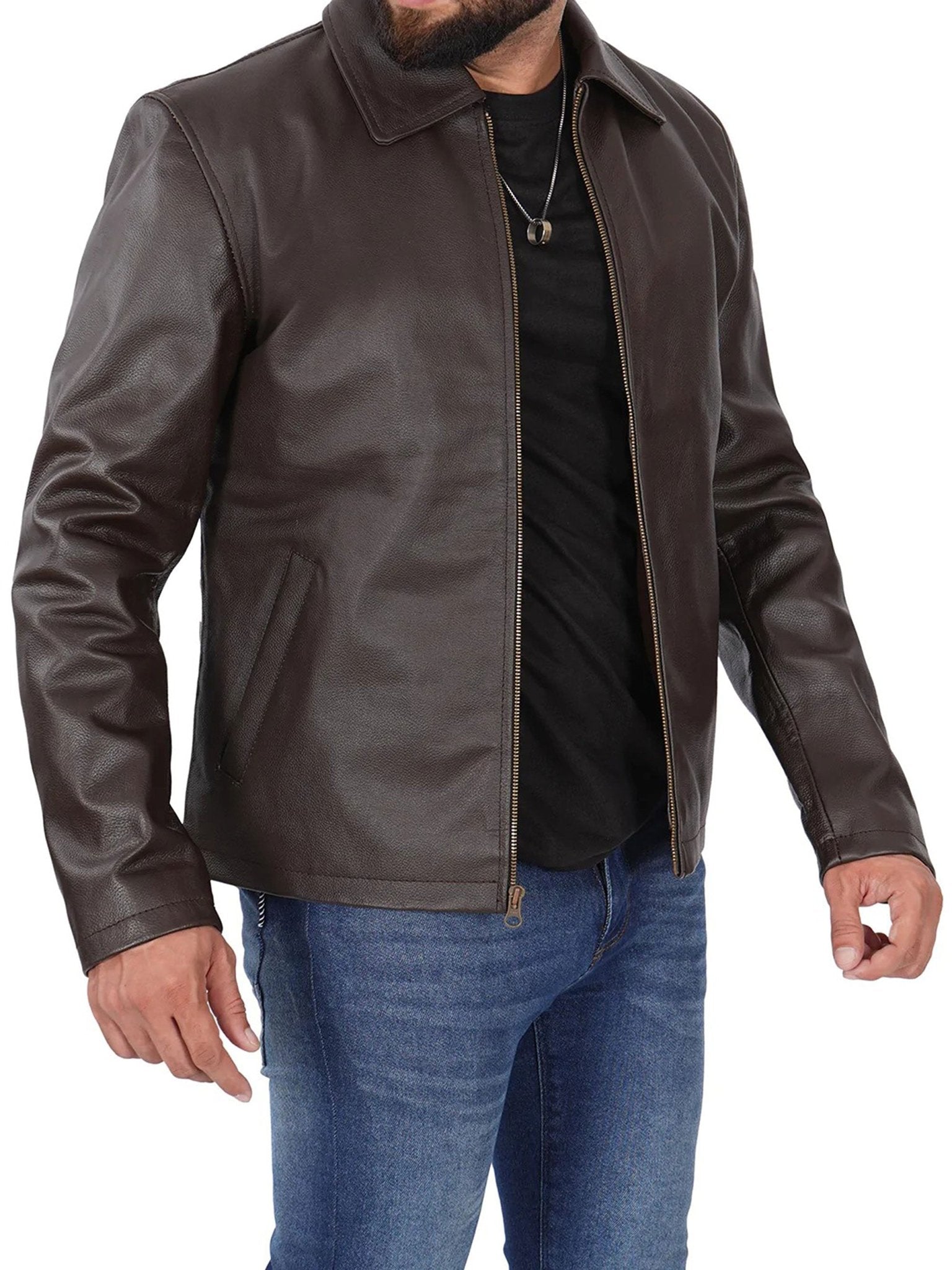 Parrish Dark Brown Shirt Collar Cowhide Mens Leather Jacket - Rare Leather
