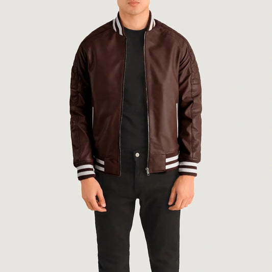 Pascal Maroon Leather Varsity Jacket - Vox Leather