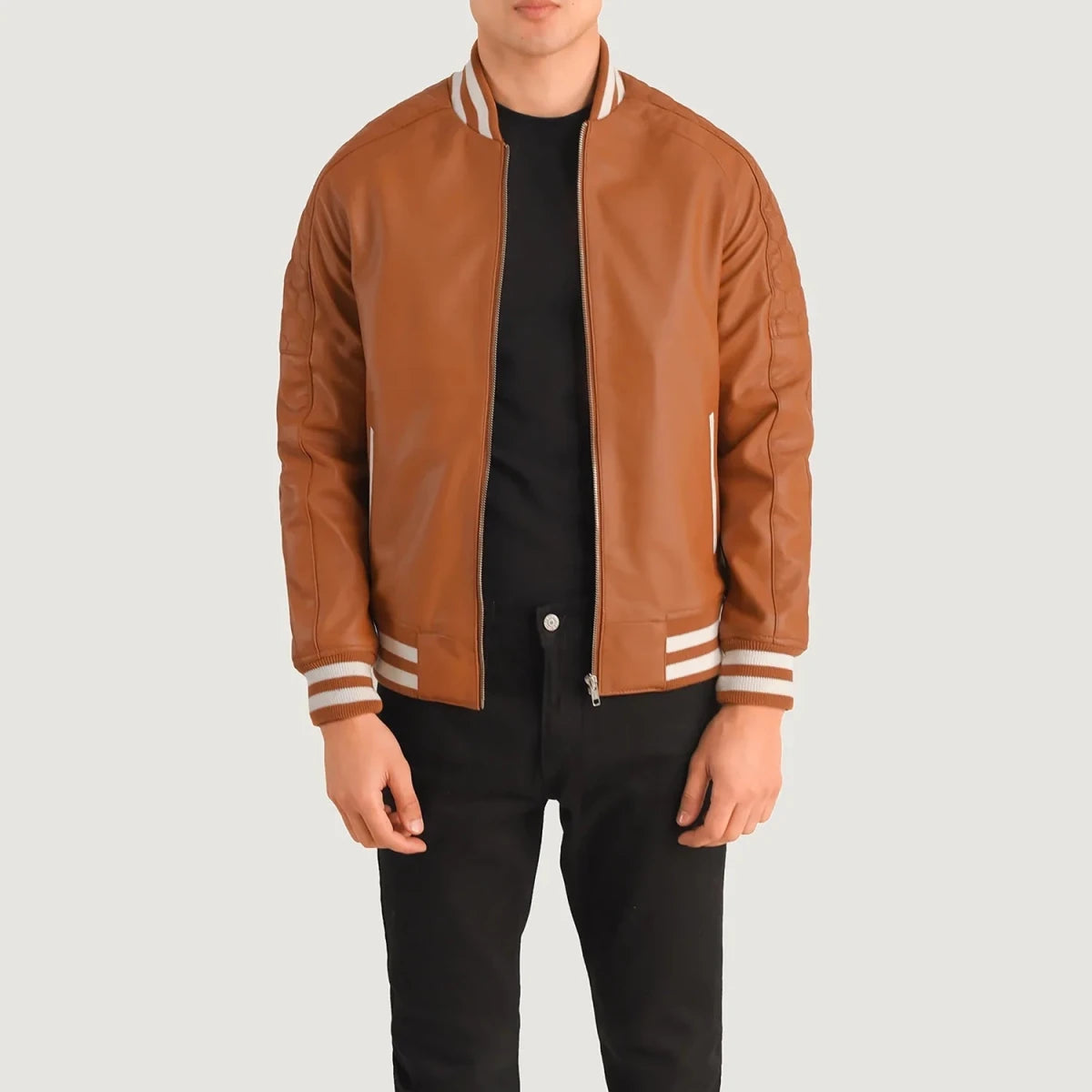 Pascal Tan Brown Leather Varsity Jacket - Vox Leather