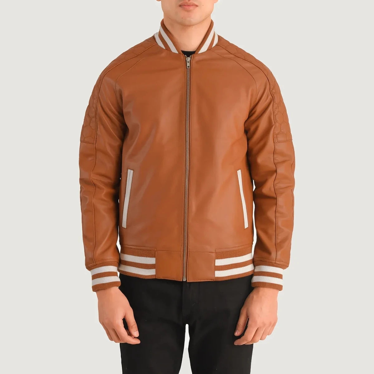 Pascal Tan Brown Leather Varsity Jacket - Vox Leather