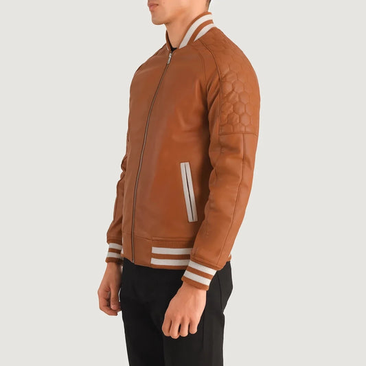 Pascal Tan Brown Leather Varsity Jacket - Vox Leather