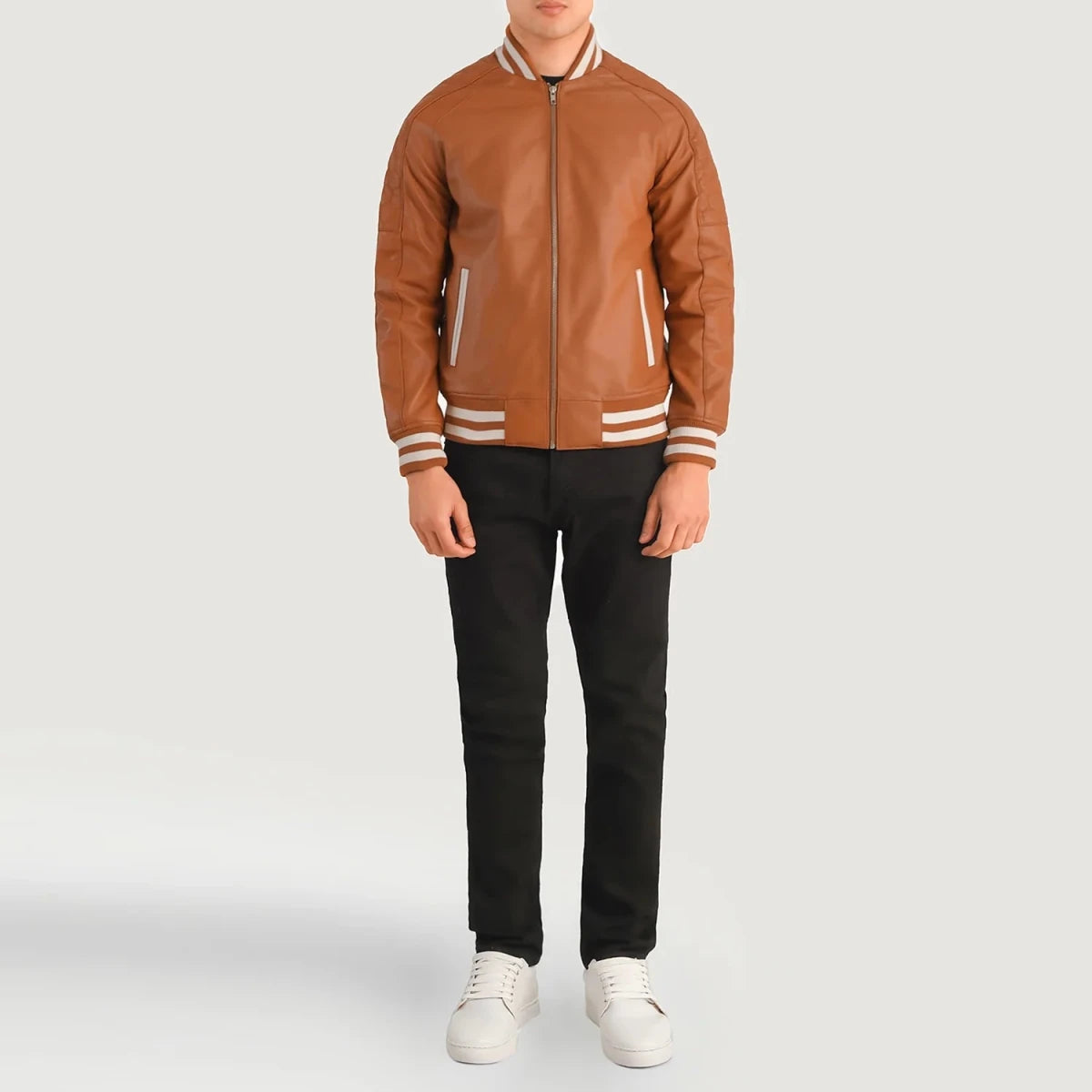 Pascal Tan Brown Leather Varsity Jacket - Vox Leather