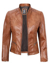 Rachel Womens Tan Cafe Racer Leather Jacket - Rare Leather