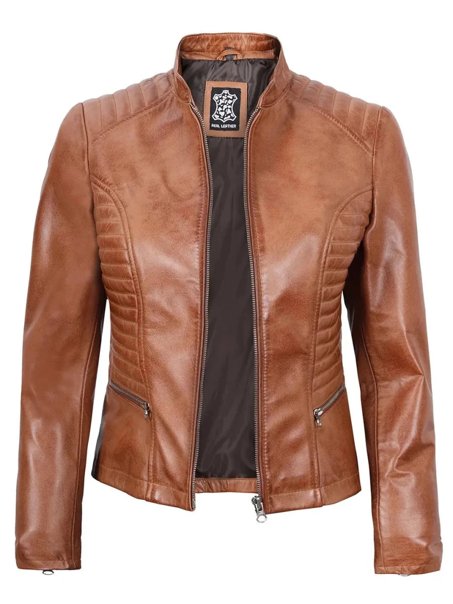 Rachel Womens Tan Cafe Racer Leather Jacket - Vox Leather