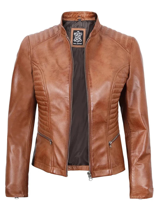 Rachel Womens Tan Cafe Racer Leather Jacket - Vox Leather