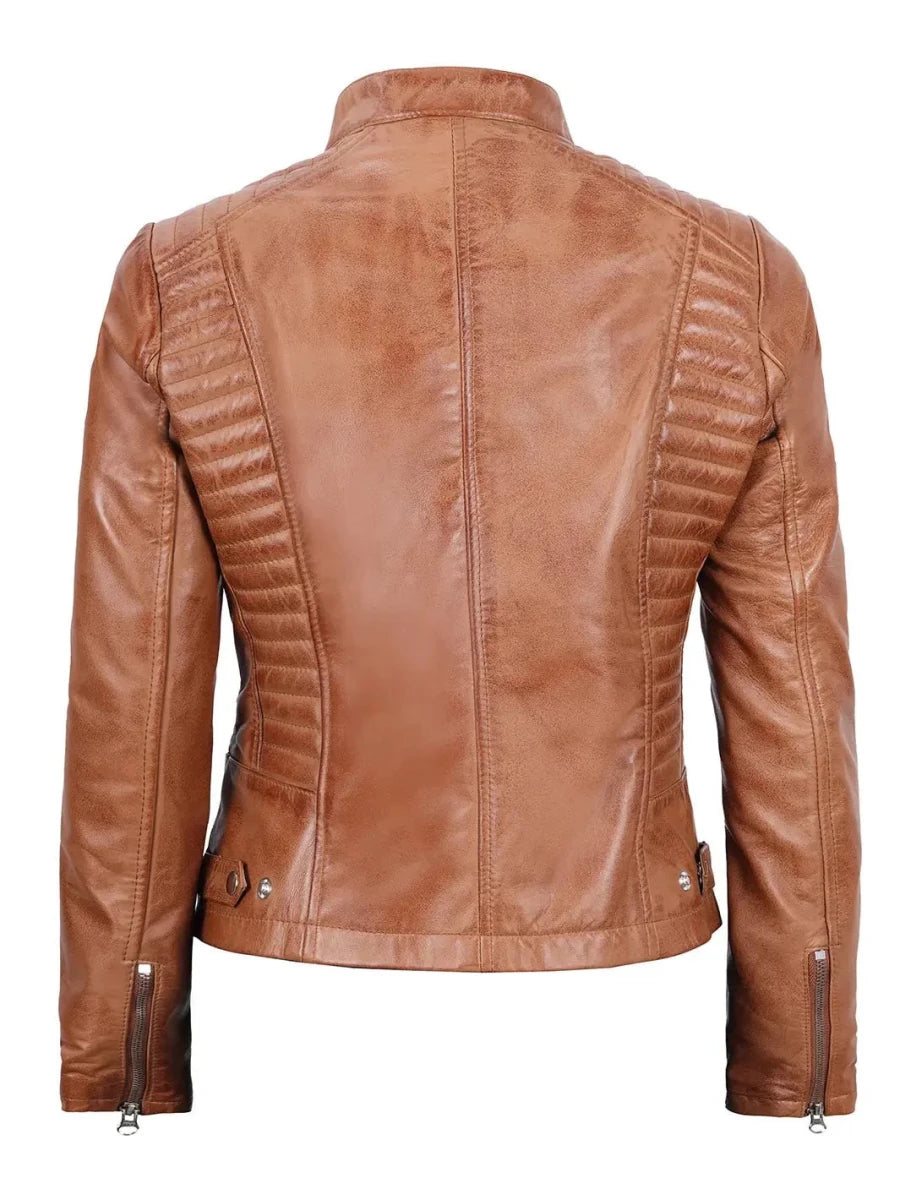 Rachel Womens Tan Cafe Racer Leather Jacket - Vox Leather