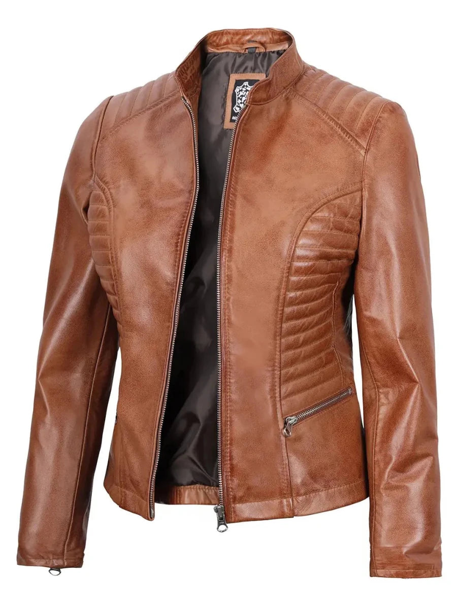 Rachel Womens Tan Cafe Racer Leather Jacket - Vox Leather
