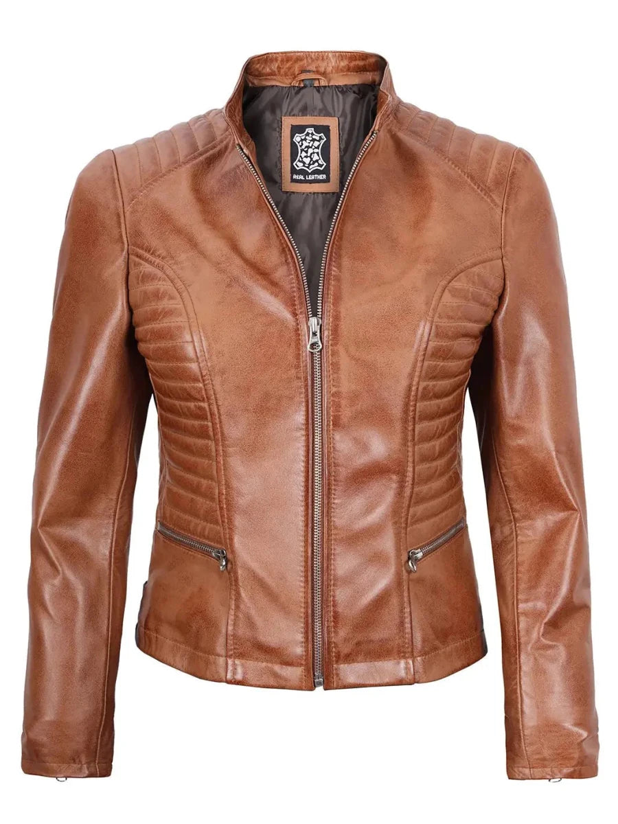 Rachel Womens Tan Cafe Racer Leather Jacket - Vox Leather