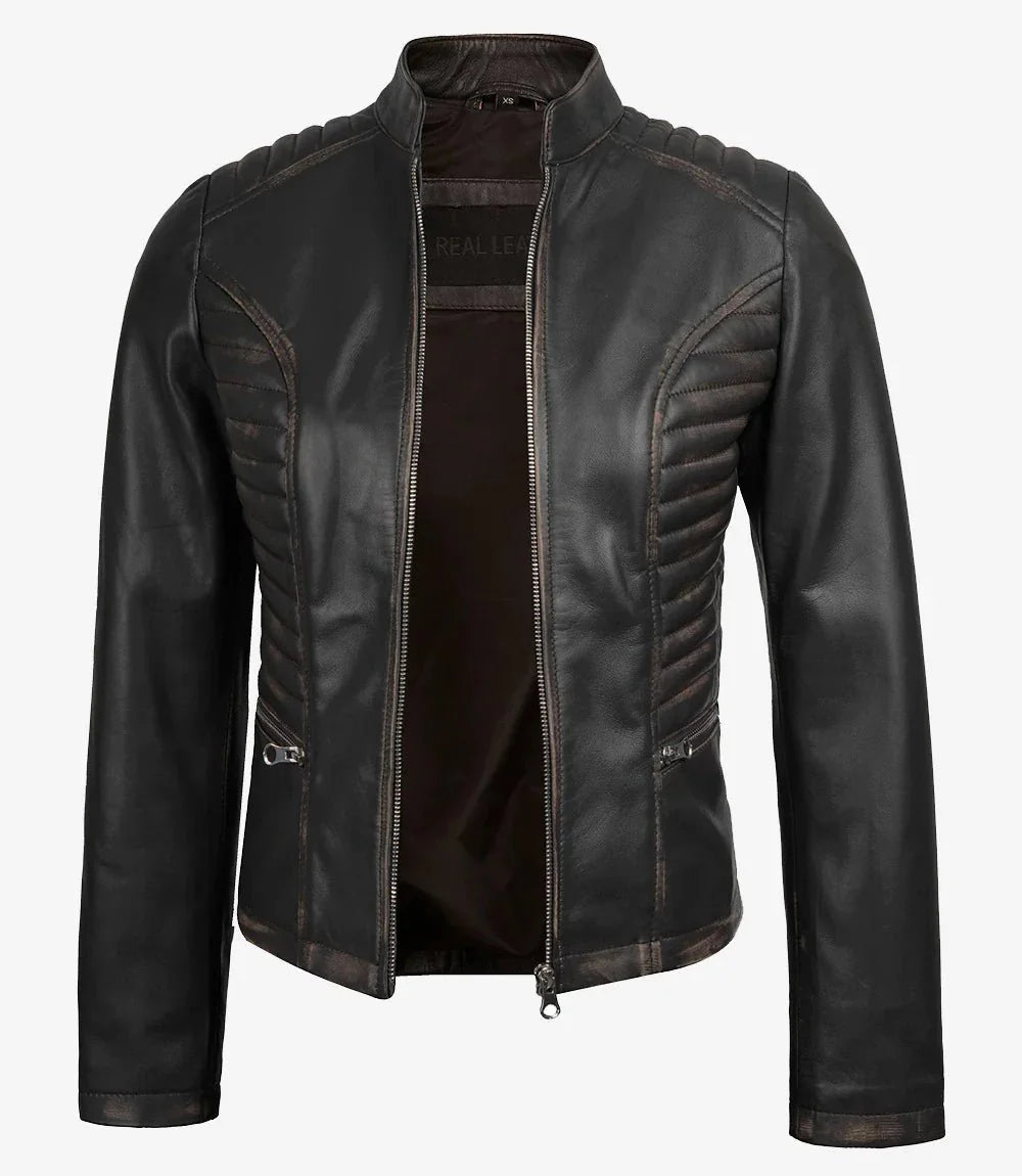 Rachel Women's Vintage Dark Brown Biker Leather Jacket - Rare Leather