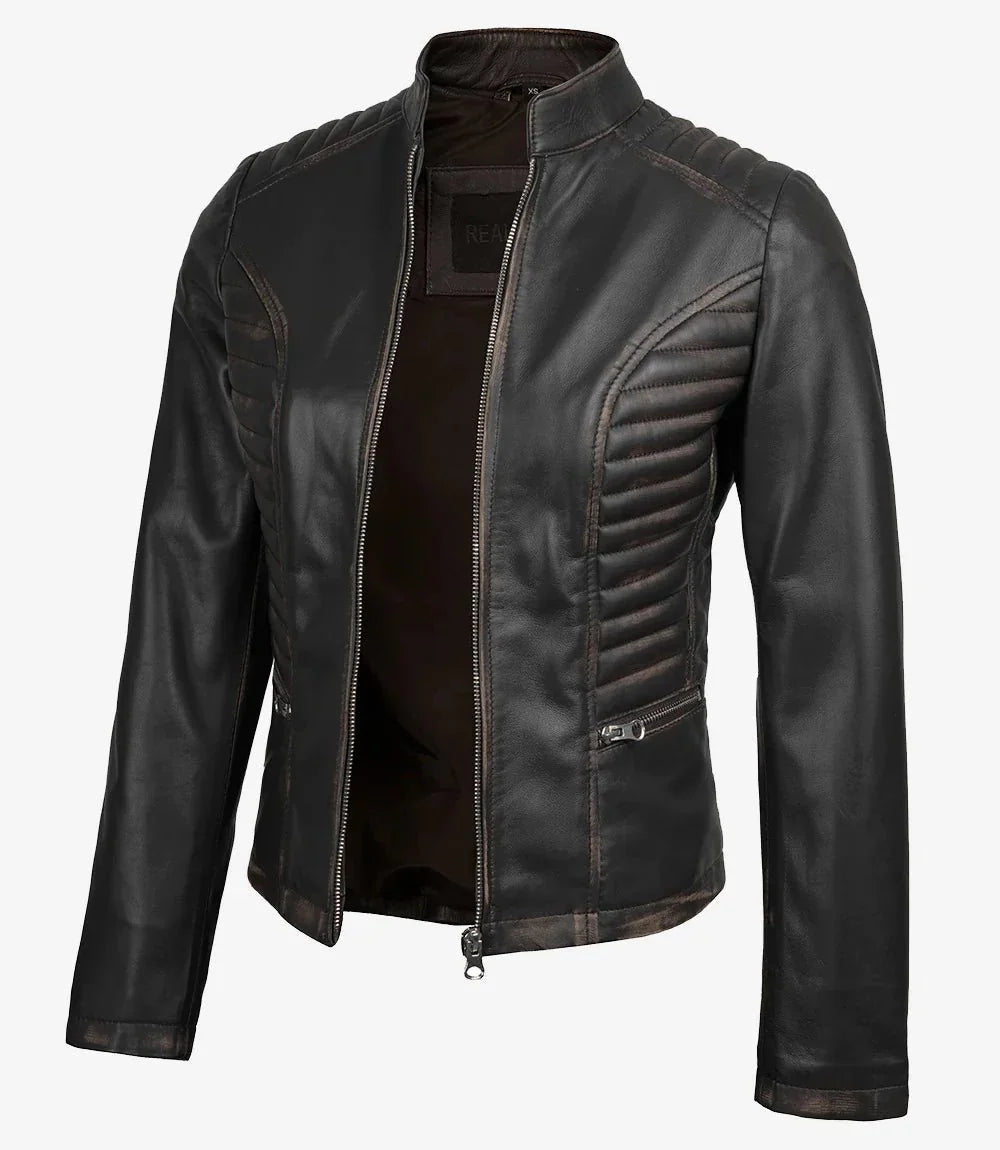 Rachel Women's Vintage Dark Brown Biker Leather Jacket - Rare Leather