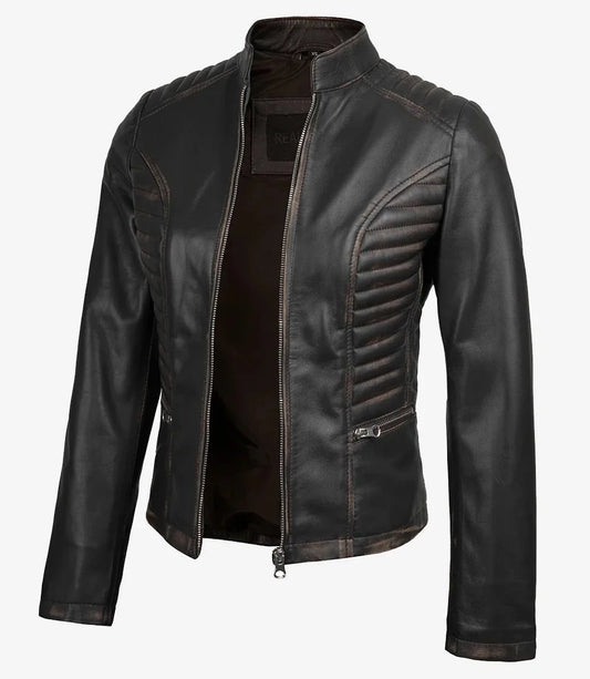 Rachel Women's Vintage Dark Brown Biker Leather Jacket - Rare Leather