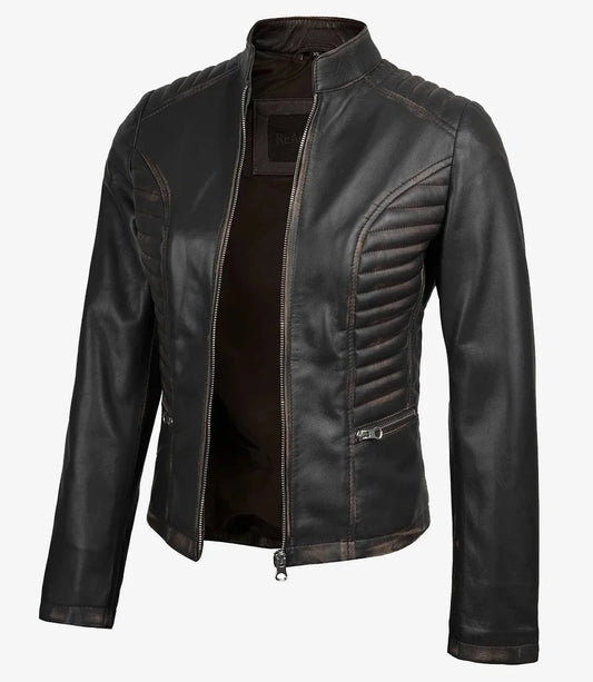 Rachel Women's Vintage Dark Brown Biker Leather Jacket - Vox Leather