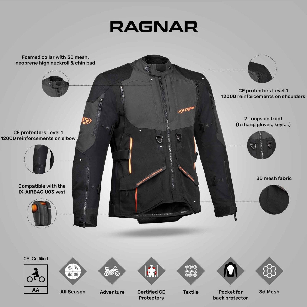 Ragnar - Adventure Touring Jacket (Black/Anthracite/Orange) - Vox Leather