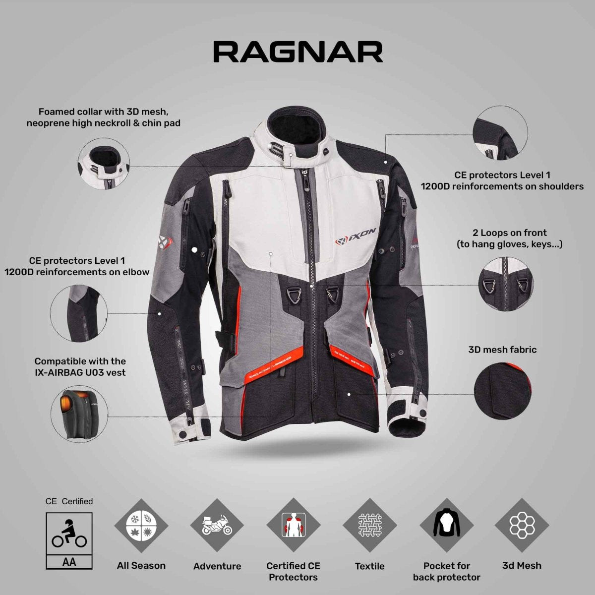 Ragnar - Adventure Touring Jacket (Black/Grey/Red) - Vox Leather