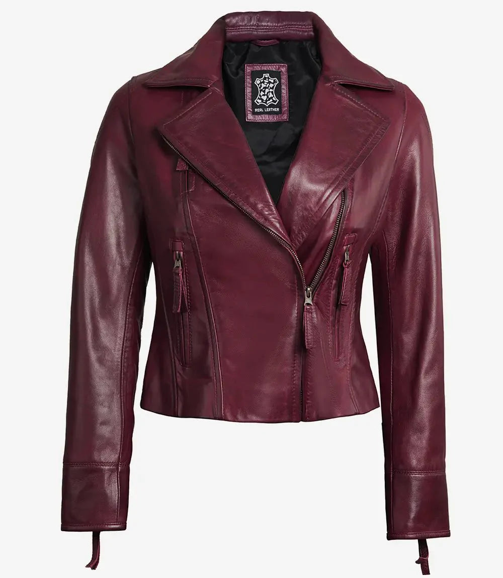 Ramsey Women's Burgundy Asymmetrical Leather Moto Jacket - Rare Leather