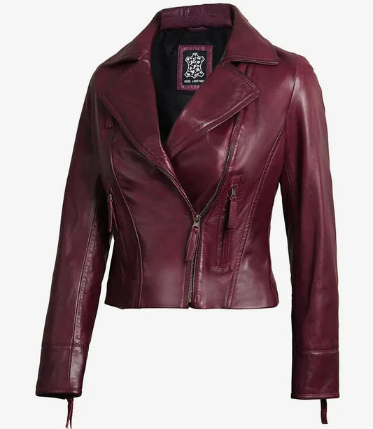 Ramsey Women's Burgundy Asymmetrical Leather Moto Jacket - Vox Leather