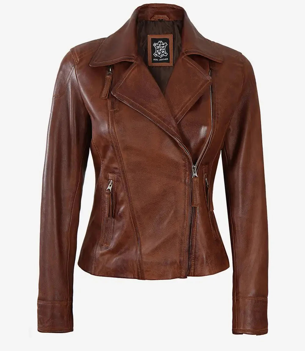 Ramsey Women's Cognac Brown Asymmetrical Leather Jacket - Rare Leather