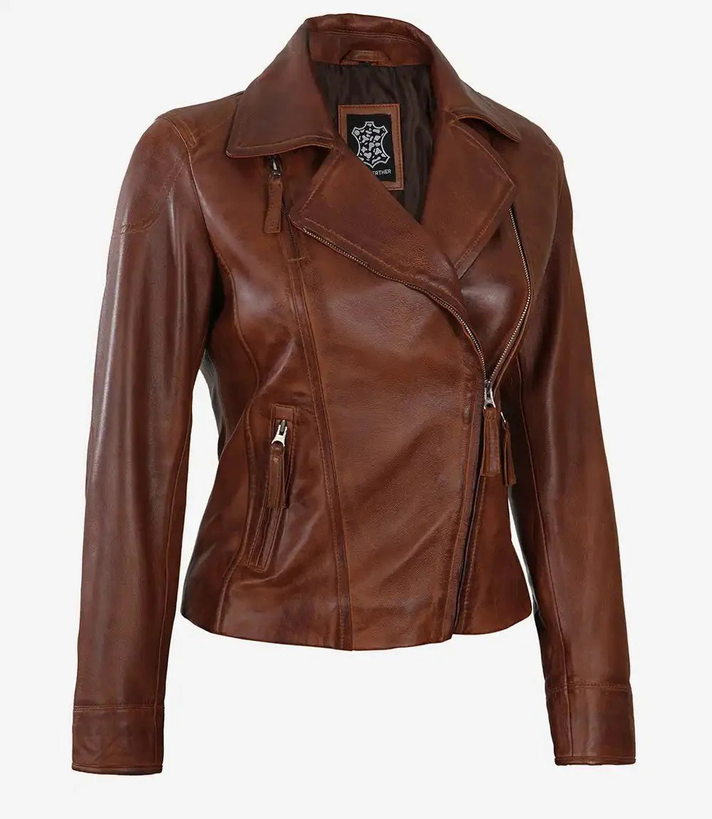 Ramsey Women's Cognac Brown Asymmetrical Leather Jacket - Rare Leather